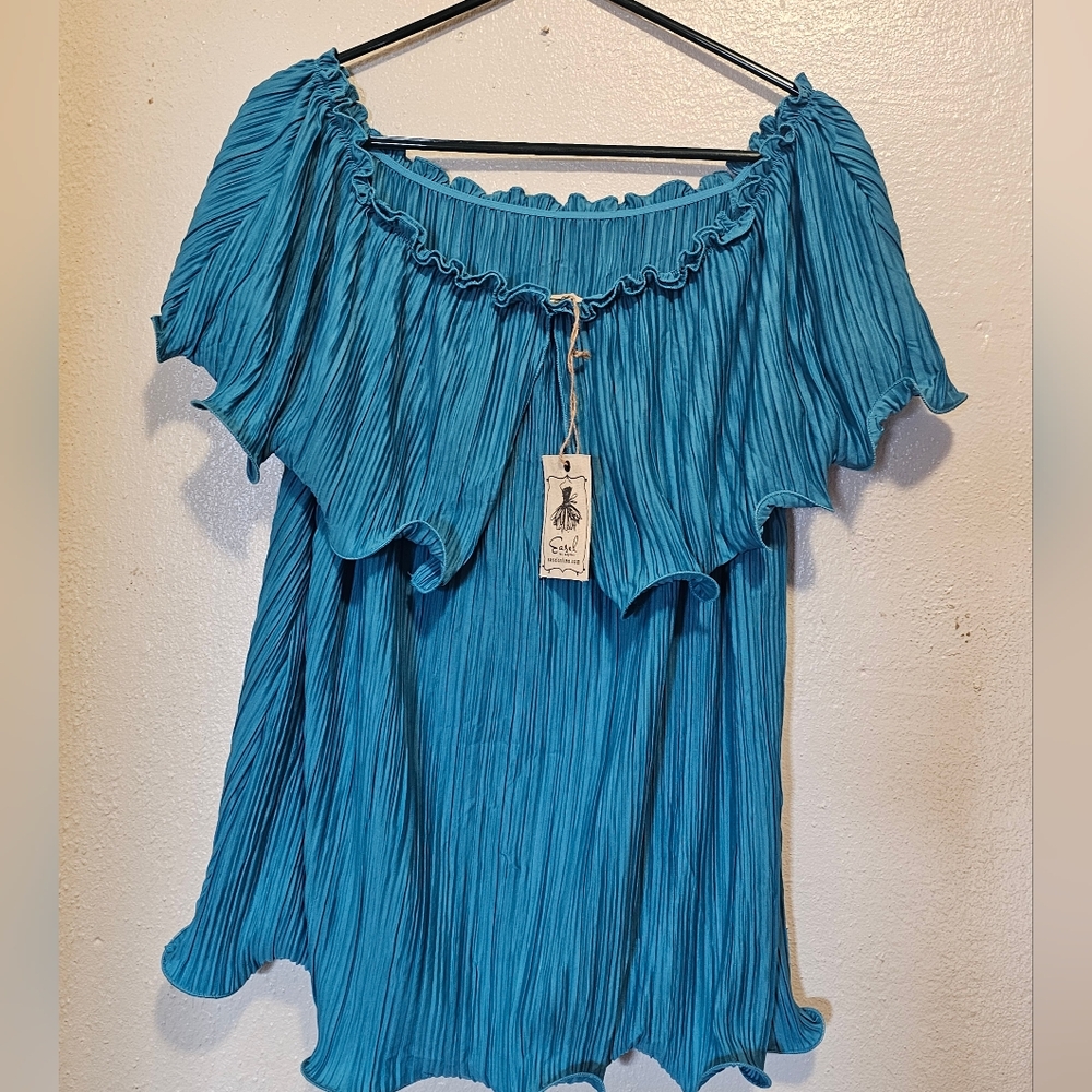 Women's Easel Off-Shoulder Pleated Top Teal Blue Medium
